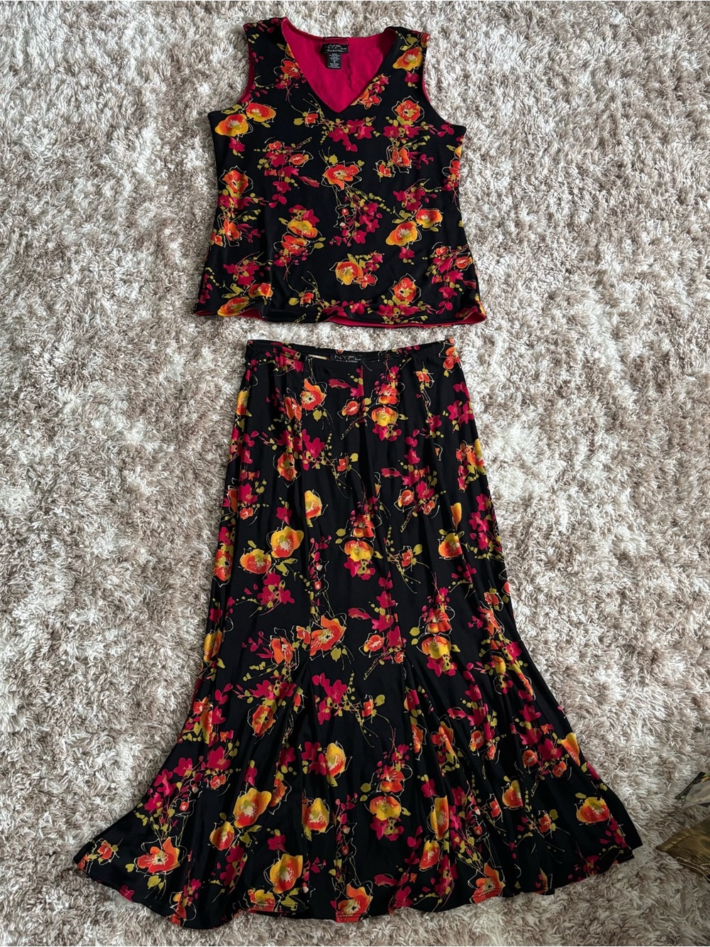 Floral Black Maxi Skirt Set with Pink & Yellow Blooms